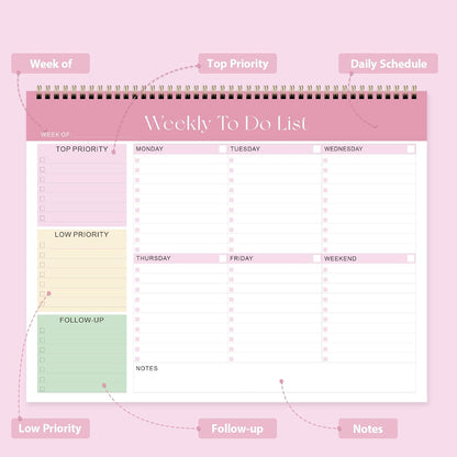 Weekly To Do List Notepad, Undated Planner with 52 Sheets (8.5''x11'') | Desk Accessories and Supplies, Women & Man, Home School & Work
