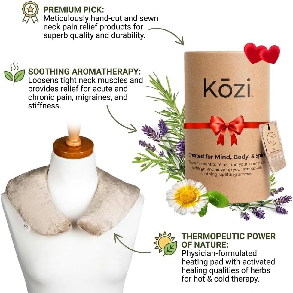 Kozi Weighted Neck Wrap - Microwavable Hot & Cold Therapy Pillow for Neck Pain, Migraine, and Muscle Stiffness Relief - Herbal Aromatherapy Heating Pad - Jute Fabric