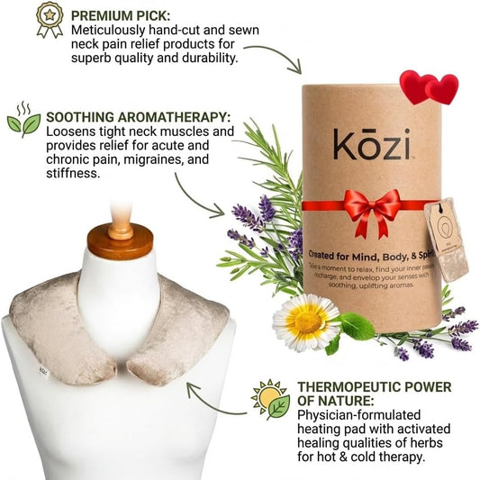 Kozi Weighted Neck Wrap - Microwavable Hot & Cold Therapy Pillow for Neck Pain, Migraine, and Muscle Stiffness Relief - Herbal Aromatherapy Heating Pad - Jute Fabric