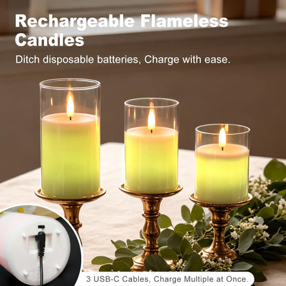 LEDHOLYT Rechargeable Flameless Glass Pillar Candles–Gifts for Women,–Set of 3, Realistic Flickering LED Flame,Remote & Timer, Ideal for Living Room, Bedroom & Halloween Festival Home Party Decor