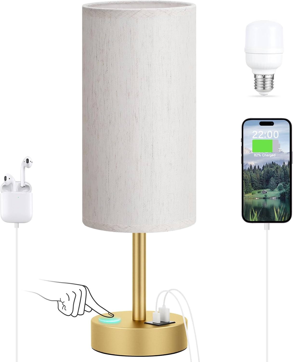Dicoool Touch Bedside Table Lamp with USB - 3 Way Dimmable Wood Lamp for Bedroom Nightstand, Desk Lamp with Charging Station for Dorm, Living Room, Office, Kids Room, Small, 14in
