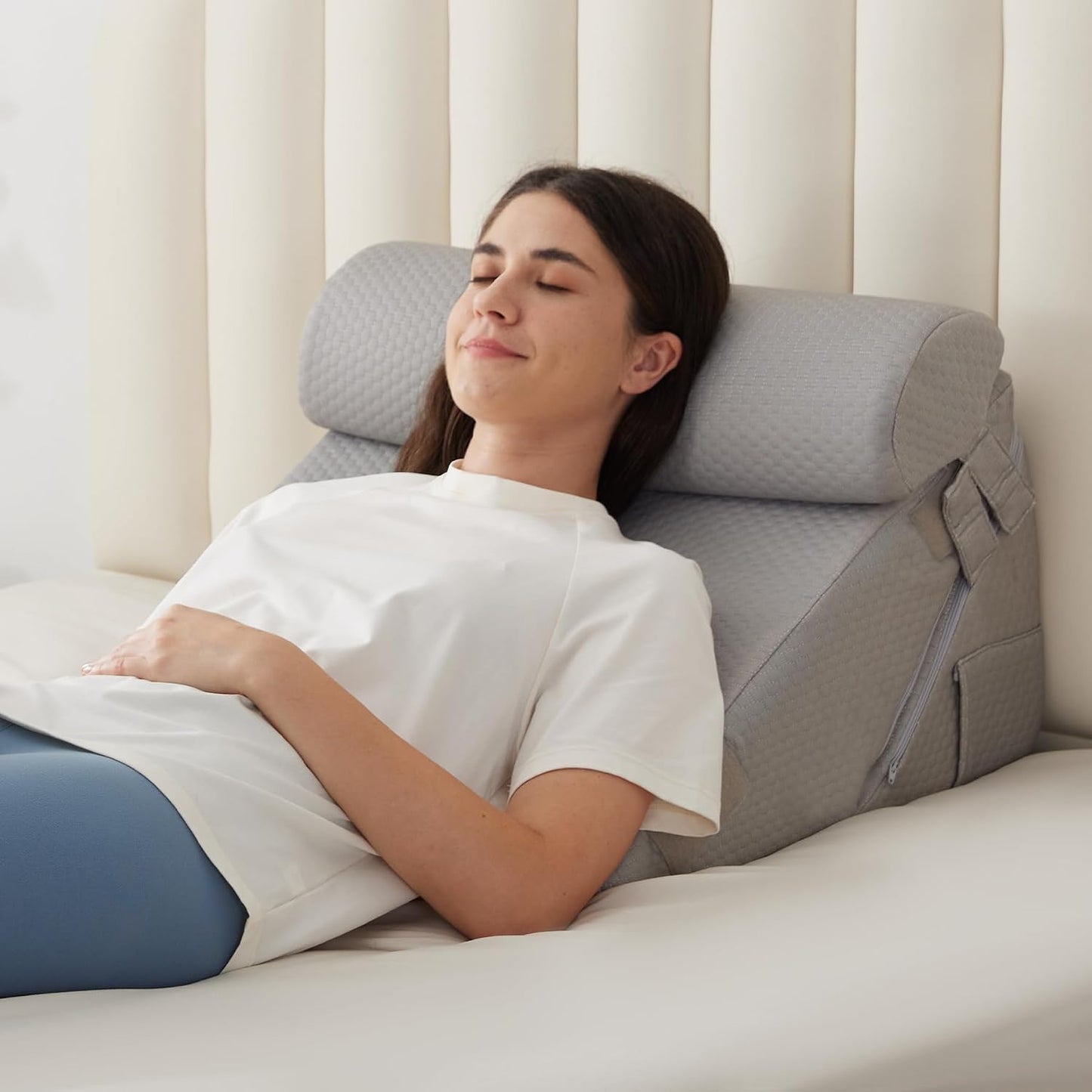 BIEEZZK Wedge Pillow Set for After Surgery, Wedge Pillow for Acid Reflux, Bed Wedge Pillow with Adjustable 9&12inch for Headboard,Sleeping, Orthopedic Memory Foam for Neck&Back Support, White/Grey