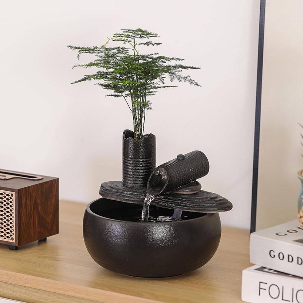 Ceramic Tabletop Fountain Water Feature Fall Indoor and Outdoor Decoration (Black Bamboo A151)