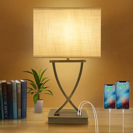 OYedis Fully Dimmable Medium Table Lamp for Bedroom with Type C/USB Charging Port and 1 AC Outlet White Shade 21.38" Bedside Nightstand Lamp for Living Room Office and Hotel Bulb Included