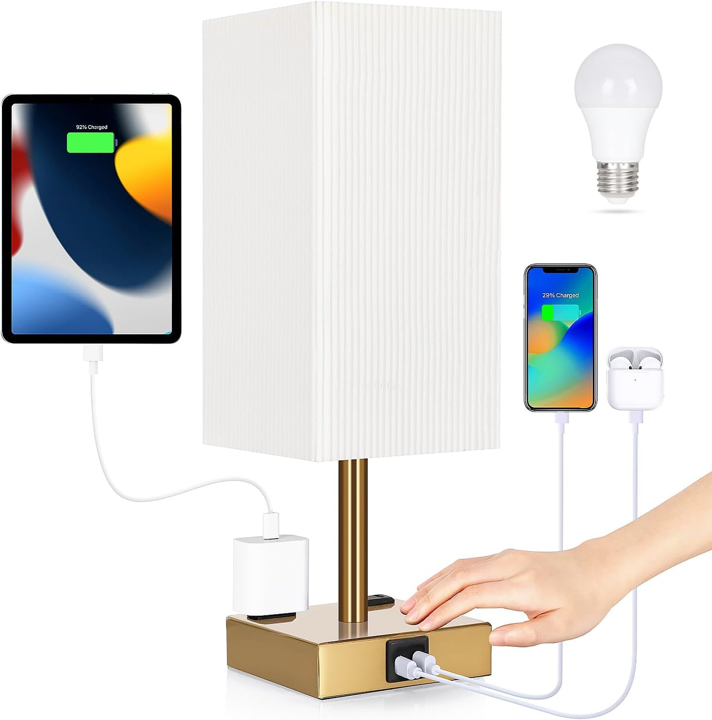 Bedside Table Lamp for Bedroom - Touch Small Lamp with USB C+A Charging Ports & AC Outlets, 3 Way Dimmable Nightstand Light for Living Room (LED Bulb Included, Grey)