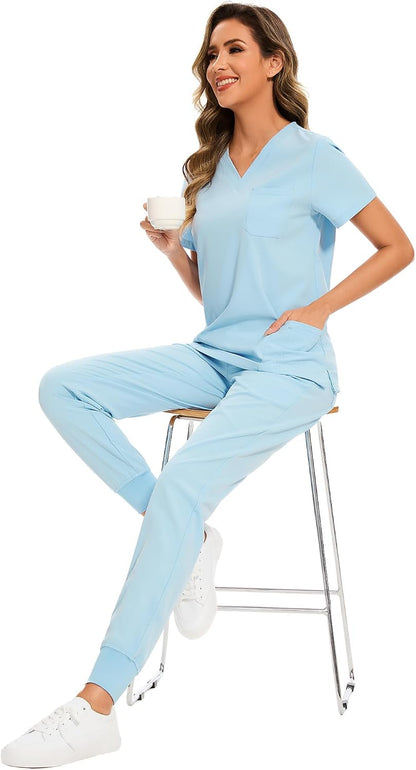 COZYFIT Scrubs for Women Set - Stretch V-Neck Scrub Top & Jogger Pant with 8 Pockets COZY SCRUBS - Colors E