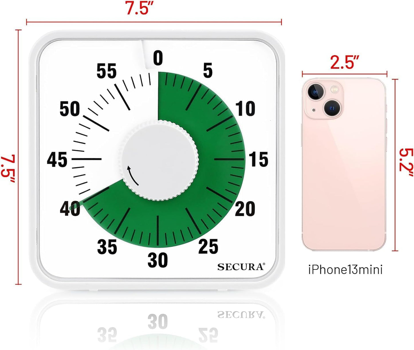Secura 7.5 Inch Visual Timer, 60 Minute Visual Oversize Countdown Timer for Kids and Adults, Durable Mechanical Time Management Tool (Dark Green)