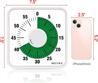 Secura 7.5 Inch Visual Timer, 60 Minute Visual Oversize Countdown Timer for Kids and Adults, Durable Mechanical Time Management Tool (Dark Green)