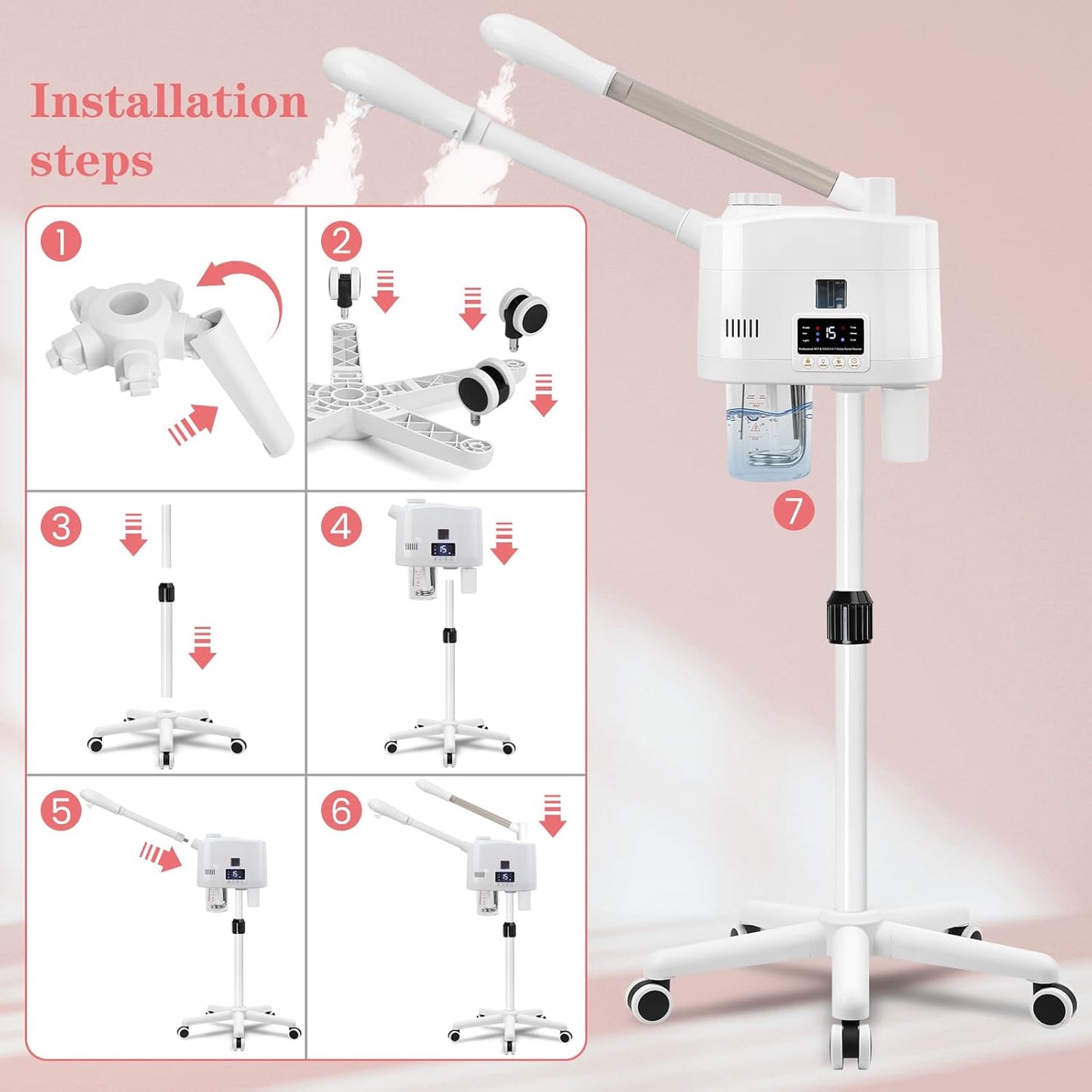 Facial Steamer Professional with More Steam for Deep Cleansing and Hydration, Estheticians Steamer on Wheels with Time Setting, Face Steamer Adjustable Height for Beauty, Spa and Home Use（Golden）
