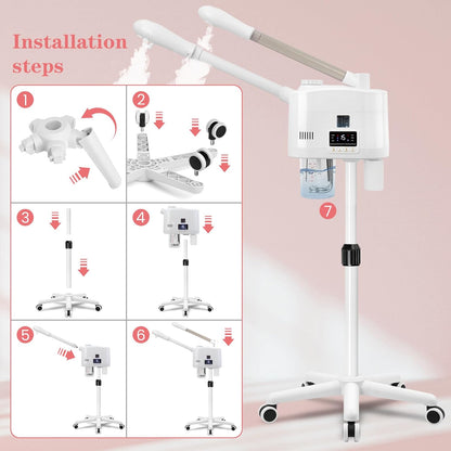 Facial Steamer Professional with More Steam for Deep Cleansing and Hydration, Estheticians Steamer on Wheels with Time Setting, Face Steamer Adjustable Height for Beauty, Spa and Home Use（Golden）