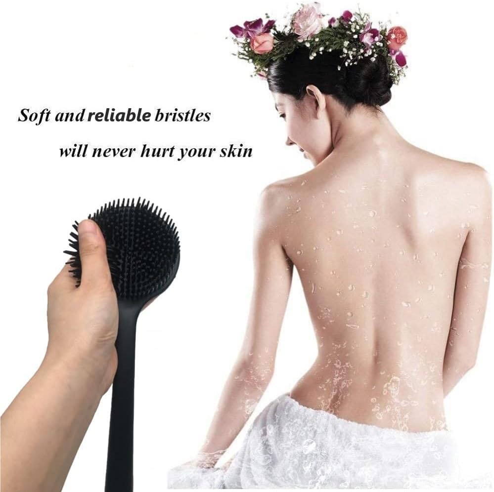 Long Handle Silicone Body Scrubber for Shower, Dual-Sided Back Scrubber Brush with Soft Bristles&Massage Nodes, Exfoliating Bath Brush for Hard to Reach Areas, Easy to Clean & Quick Dry, for Daily Use