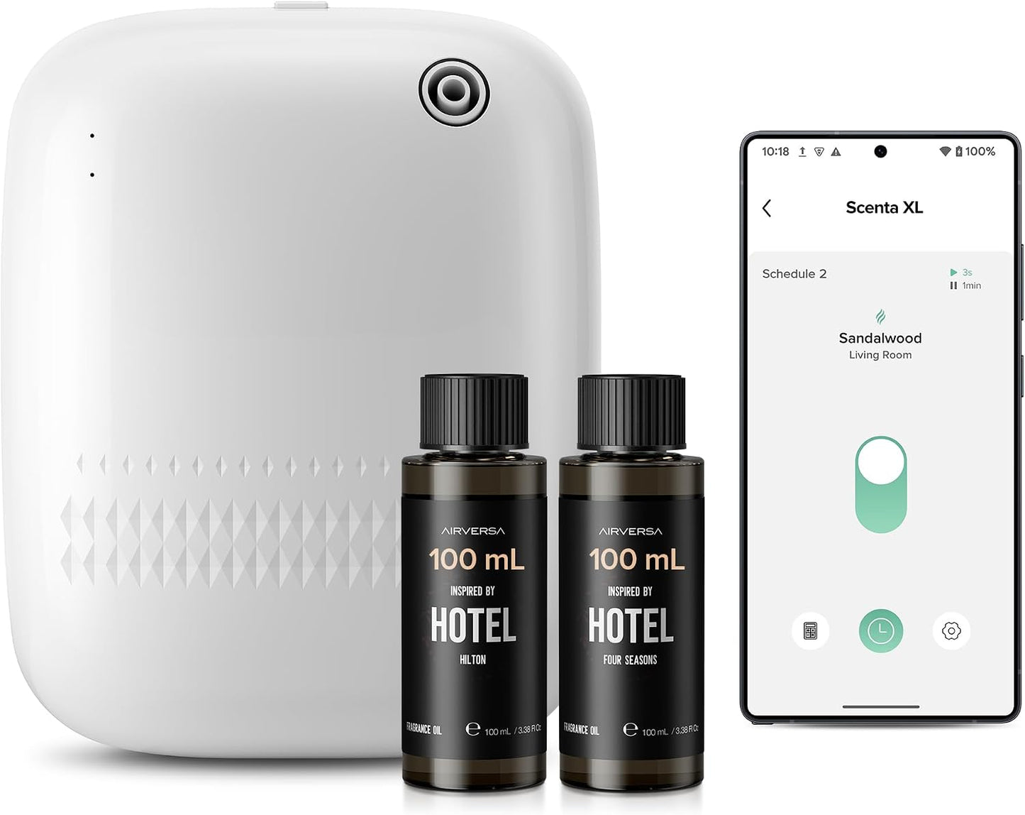 Airversa Waterless Essential Oil Diffuser for Home Large Room and Commercial Use, Up to 2000 sq ft, App Control Cold Air Diffuser, 400mL, DC-12V/1A Plug in Wall, Smart Scent Air Machine, ANW-White