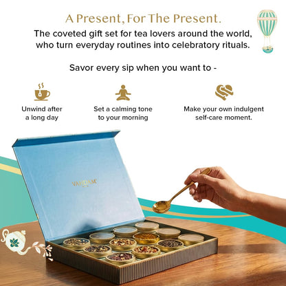 VAHDAM Tea Gift Set - 12 Loose Leaf Teas in Tin Caddy Presentation Box | Premium Tea Sampler Gift Hamper for Women, Men & Tea Lovers | Christmas Gift, Birthday, Housewarming | Gluten Free, Non-GMO
