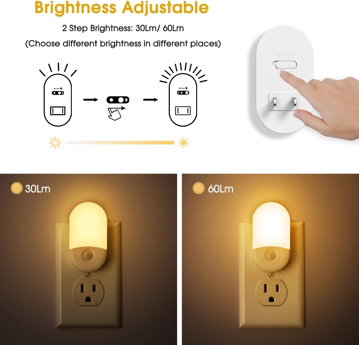 L LOHAS LED Amber Night Light, Night Lights Plug into Wall[2 Pack], 0.6W 2000K LED Night Light, Dusk to Dawn Sensor, 30/60LM Adjustable Brightness, Automatic Low Blue Nightlight for Kids, Bathroom