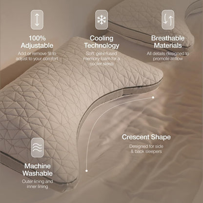 Coop Home Goods Cool+ Adjustable Pillow, Queen Size Plus Shaped Memory Foam Pillows with Cooling Gel, Back, Stomach or Side Sleeper, Neck Support for Sleeping, CertiPUR-US/GREENGUARD Gold