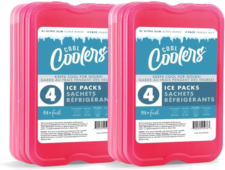 Cool Coolers by Fit & Fresh 4 Pack XL Slim Ice Packs, Quick Freeze Space Saving Reusable Ice Packs for Lunch Boxes or Coolers