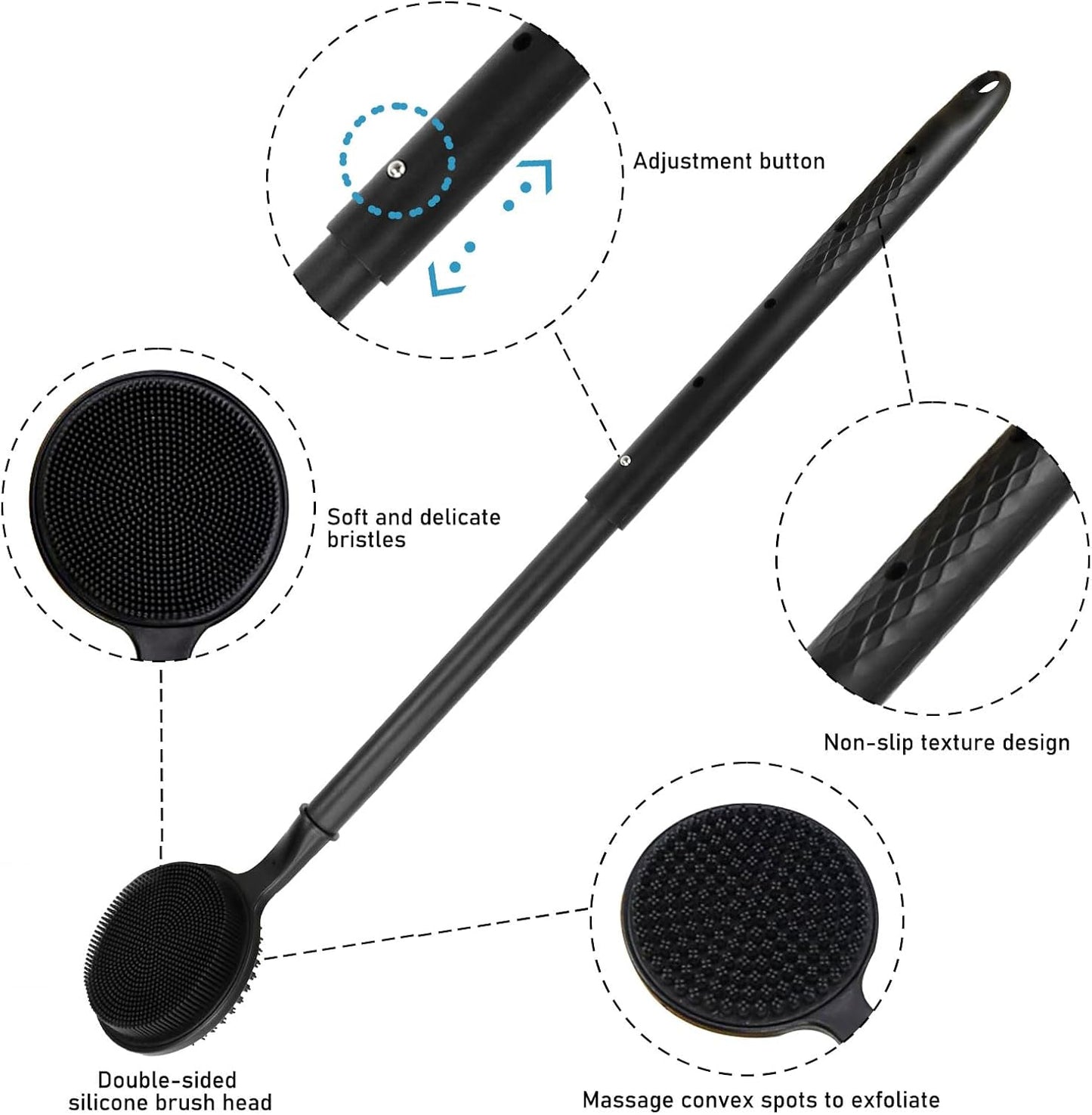 OZNER 24 Inches Silicone Back Scrubber for Shower - Extendable Long Handle Shower Brush with Dual-Sided Bristles - Exfoliating Body Scrubber for Sensitive Skin - Perfect for Men & Women (Black)