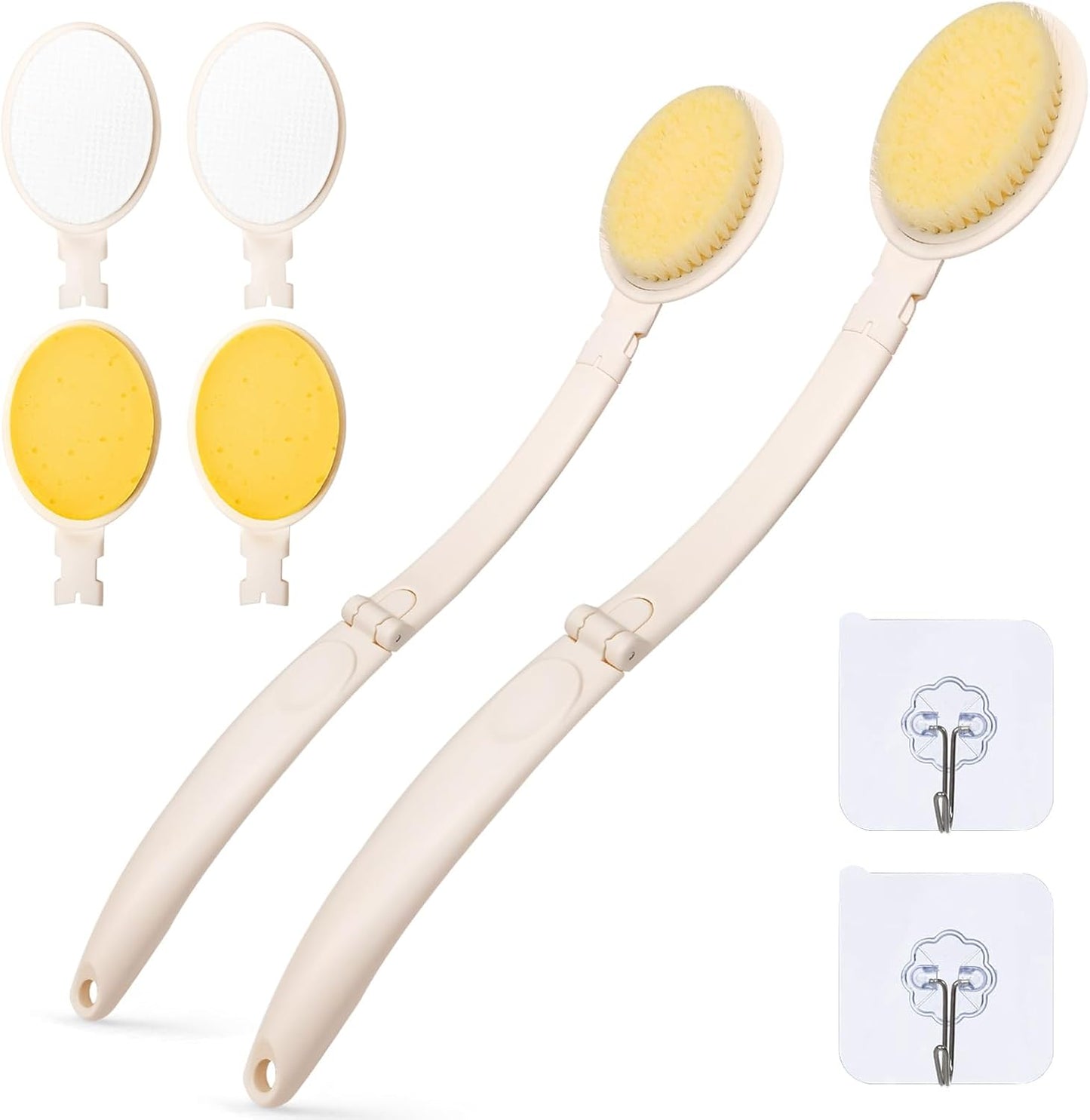 LFJ 19" Long Handle Shower Sponge Brush Set, 3 in 1 Body Brush, Bath Sponge and Lotion Applicator Improved Skin Health, Suitable for Men and Women (White Brush-1P)