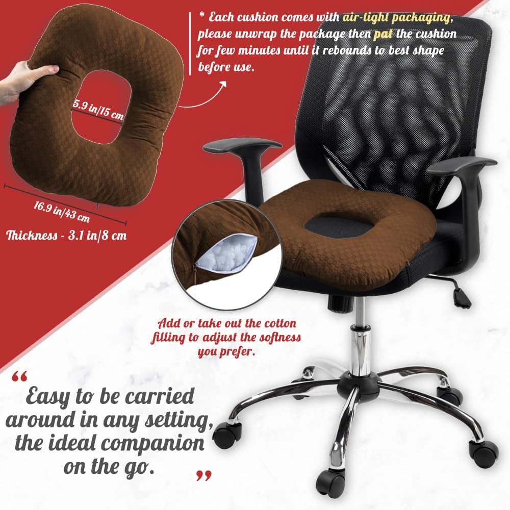 Stuffed Donut Pillow Seat Cushion | for Tailbone and Coccyx Pain, Hemorrhoids, Bed Sores, Pregnancy, Prostate, Surgery Recovery, Sitting Pressure Relief, for Home, Office and Car (Grey)