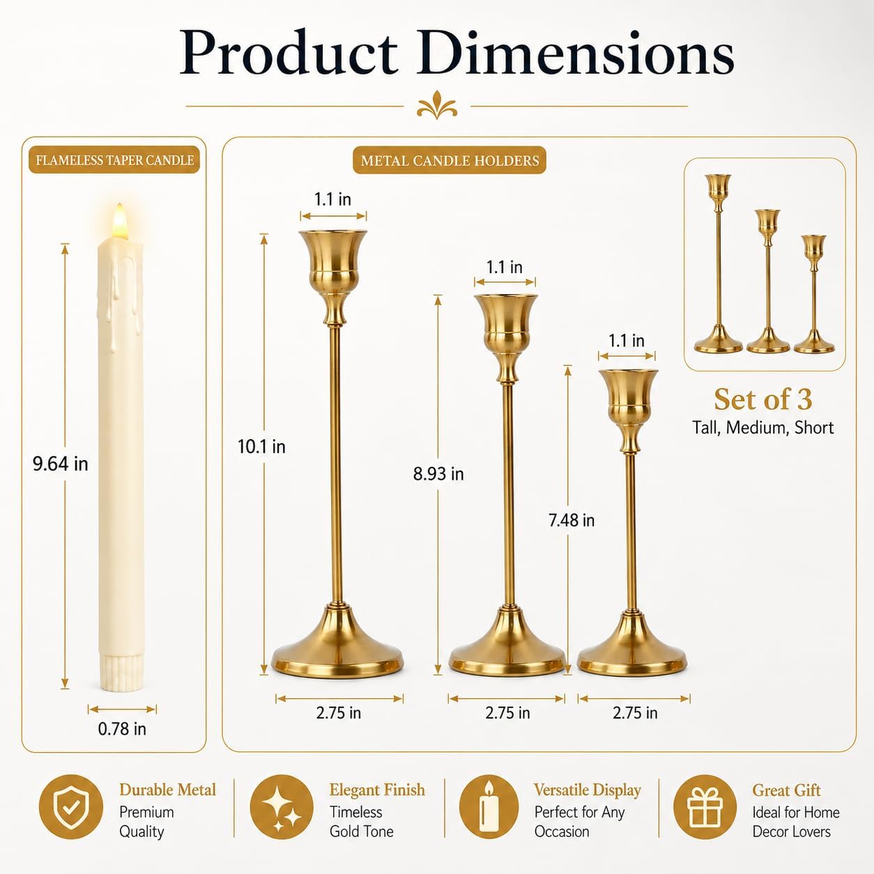 Candle Holder Set of 3, with 3 Flameless Candles & 1 Remote(Gold) | Taper Candle Holders, Metal Non Slip Stable Base, for Home Decor, Holiday Party, Pet & Kid Friendly