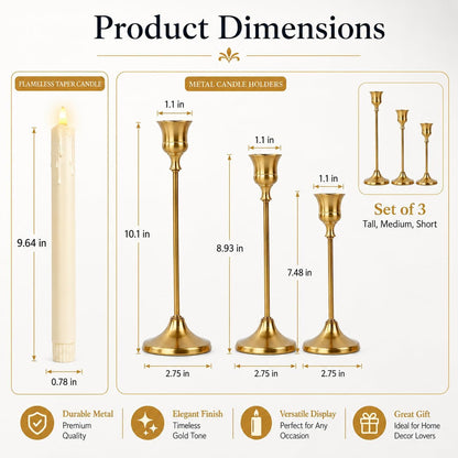 Candle Holder Set of 3, with 3 Flameless Candles & 1 Remote(Gold) | Taper Candle Holders, Metal Non Slip Stable Base, for Home Decor, Holiday Party, Pet & Kid Friendly