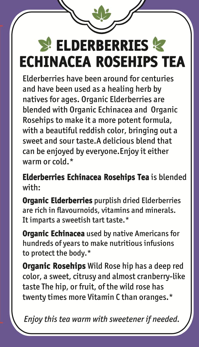 Herbal Cup Ayurveda Elderberries Tea, No Caffeine Organic Herbal Teas (Organic Echinacea Rosehips, 16 Count (Pack of 6))