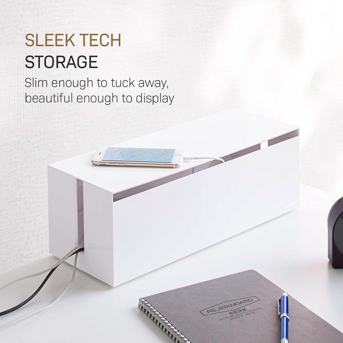 Yamazaki Home Cable Management Box – Cord Organizer Box with Lid, Minimalist Cable Storage for Office, ABS Plastic