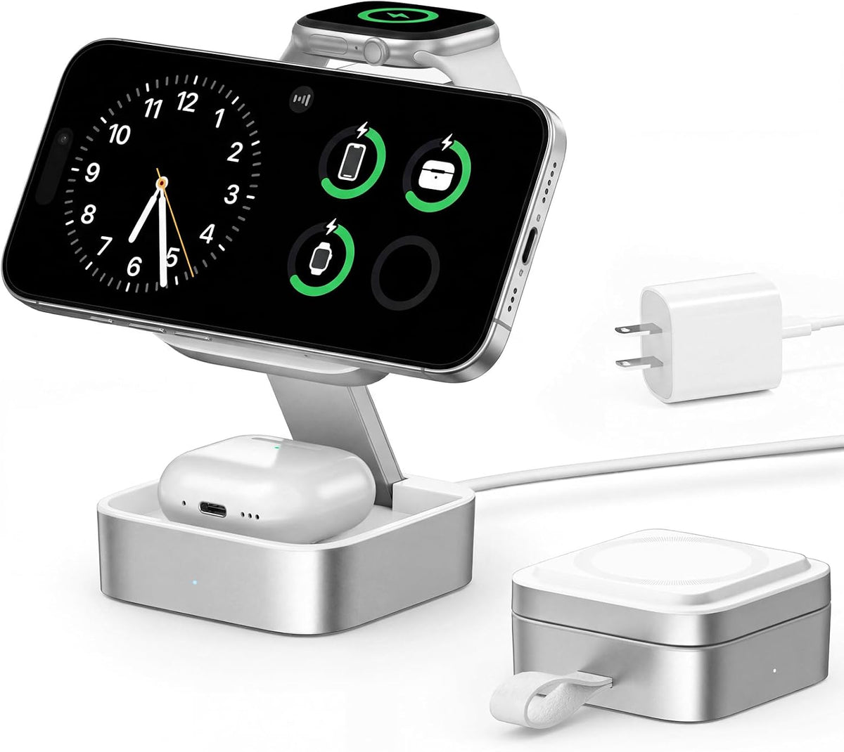 3 in 1 Wireless Charging Station for Apple Devices, Magnetic Foldable Travel Fast Charger Stand Compatible with MagSafe for iPhone 18/Air/17/16/15/14/13/12 Series, Apple Watch & AirPods Pro/4/3/2