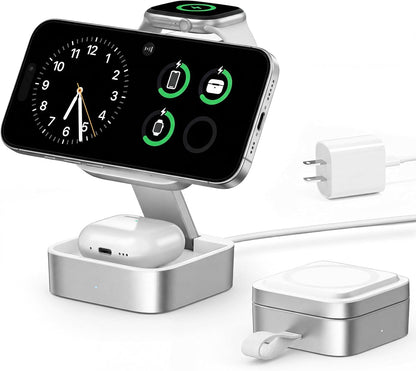3 in 1 Wireless Charging Station for Apple Devices, Magnetic Foldable Travel Fast Charger Stand Compatible with MagSafe for iPhone 18/Air/17/16/15/14/13/12 Series, Apple Watch & AirPods Pro/4/3/2