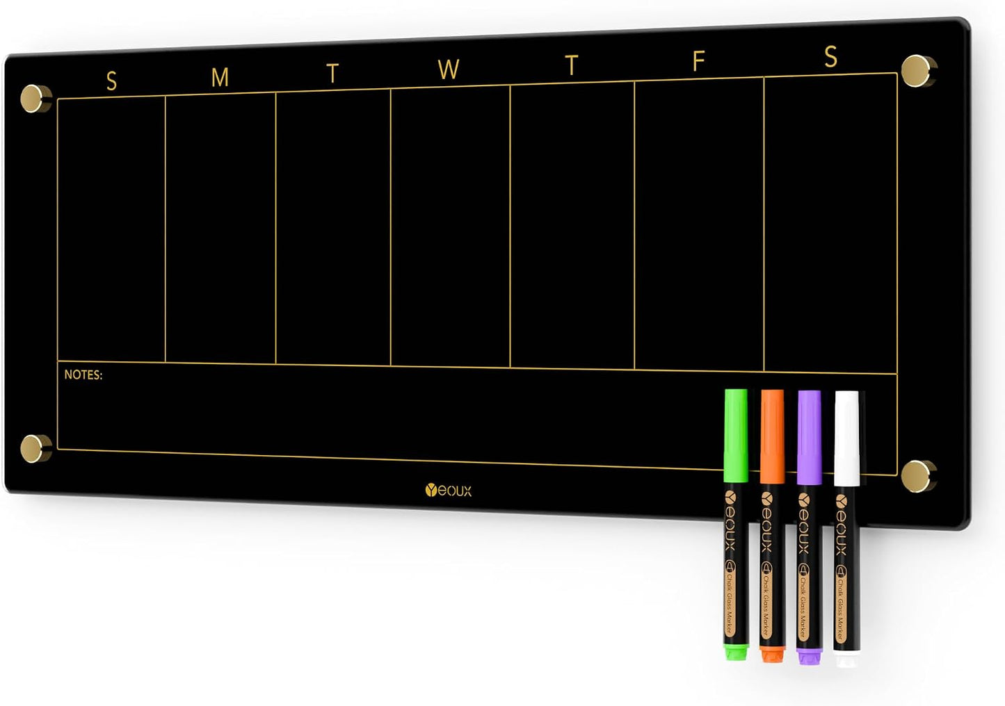Yeoux Black Glass Golden Weekly & Menu Dry Erase Calendar Board 15“x11