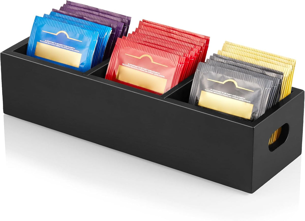 DRASTAR Tea Bag Organizer, Acacia Tea Bag Holder, Tea Storage Containers with 3 Slots, Wooden Tea Storage Accessories, Mini Tea Bag Caddy Box for Countertop
