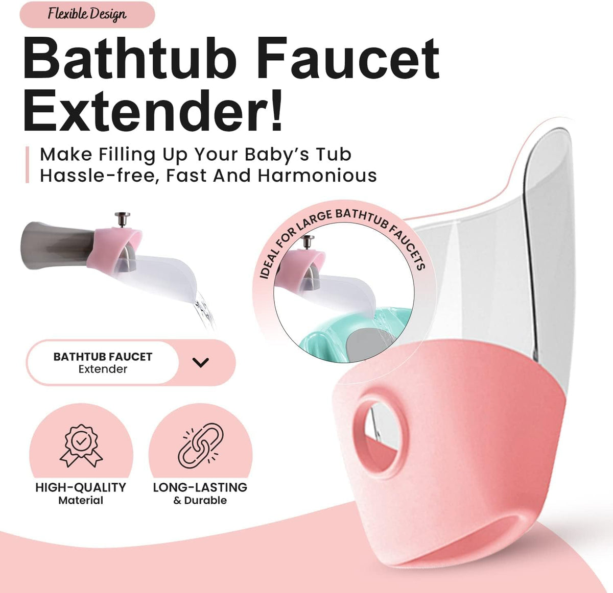 Bath Helper - Bath Tub Faucet Extender - Guides Water Directly from Faucet to Baby Bath Tub Without Excessive Water Waste and Splashing (Clear White)
