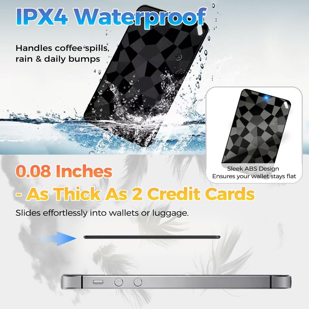 Wallet Tracker Card (iOS & Android), Ultra-Thin Bluetooth Smart Card Tracking Card Item Tracker Work with Apple Find My & Google Find Hub, IPX4 Rechargeable GPS Tracker for Wallet Passport Keys