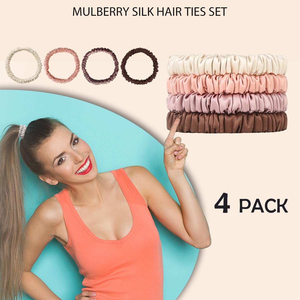 22 Momme 100% Pure Mulberry Silk Scrunchies (4 PCS) - Small Hair Elastics and Ties for Women, Sleep Hair Care, No Damage, Black