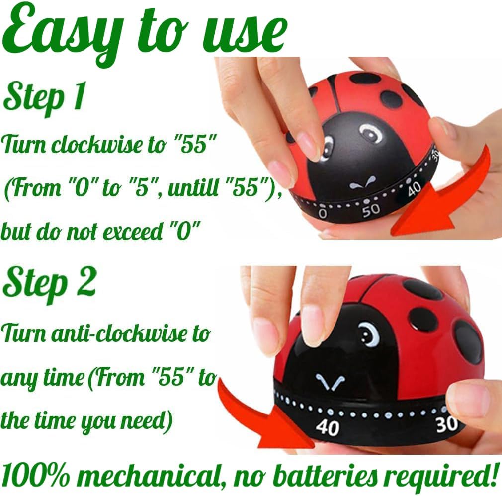Cute Ladybug Shape Mechanical Timer Wind-Up 60 Minutes Manual Rotating Countdown Timers for Oven,Cooking,Restroom,Classroom,Exercise,Bathroom,etc...
