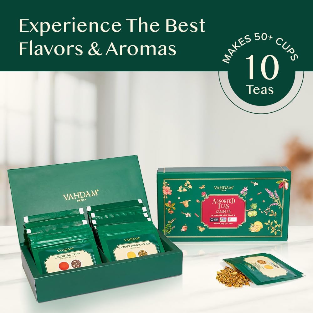 VAHDAM Top 10 Favourites Tea Sampler Set | Loose Leaf Tea (50+ Cups) | Tea Variety Pack with Green, Herbal, Black & Chai Brew | Vacuum Sealed For Freshness | Brew Hot & Col