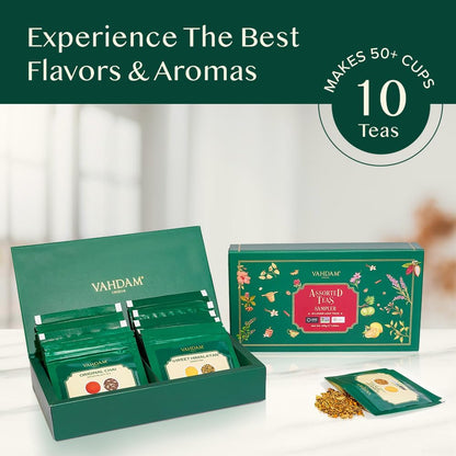 VAHDAM Top 10 Favourites Tea Sampler Set | Loose Leaf Tea (50+ Cups) | Tea Variety Pack with Green, Herbal, Black & Chai Brew | Vacuum Sealed For Freshness | Brew Hot & Col