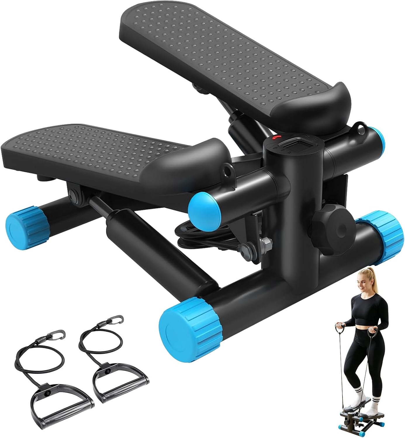 Mini Stair Steppers with Resistance Bands for Exercise at Home, Portable Exercise Twist Stepper Machine for Full Body Workout, Hydraulic Fitness Stepper with LCD Monitor, Black