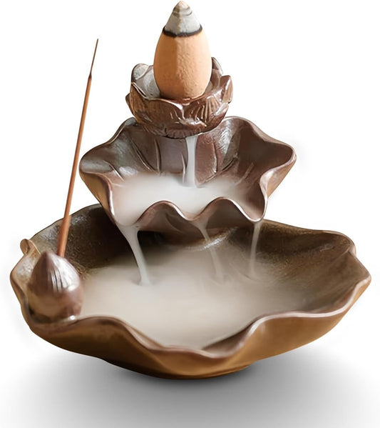 Waterfall Incense Burner, Lotus Backflow Incense Holder Ceramic Censer Cones Sticks Porcelain Holder for Home Décor, Meditation, Yoga, Spiritual Rituals (Light Blue)