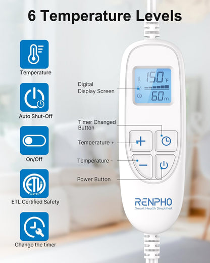 RENPHO Fathers Day Dad Gifts, Electric Heating Pad - 6 Heat Levels for Neck Shoulder and Back, Birthday Gifts for Women Men, Weighted Pad for Snug Fit, ETL Certified, FSA Eligible, 24"x33" Gray