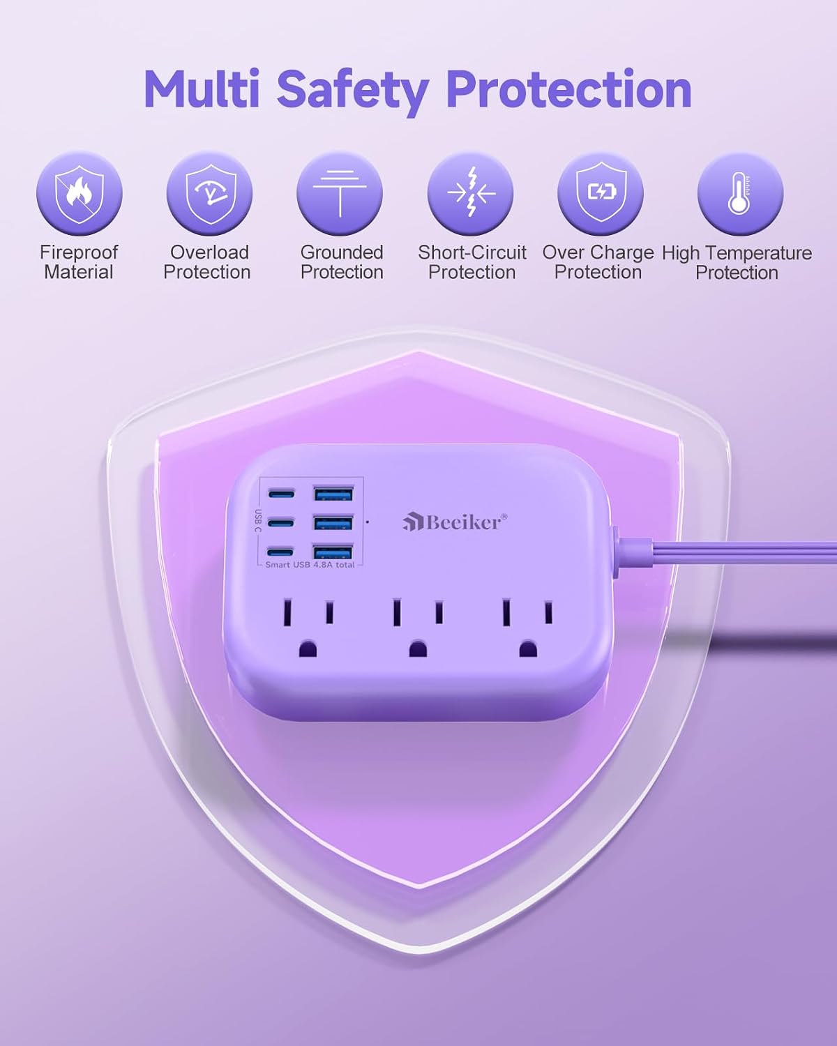 6 USB(3 USB C) Power Strip- Travel Power Strip with 6 USB Desktop Charging Station 24W/4.8A and 3 Outlets, 5Ft Flat Plug Braided Extension Cord, Non Surge Protector for Cruise Ship Travel Office Dorm