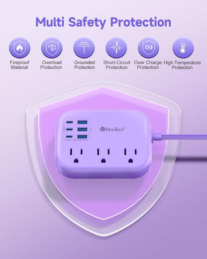 6 USB(3 USB C) Power Strip- Travel Power Strip with 6 USB Desktop Charging Station 24W/4.8A and 3 Outlets, 5Ft Flat Plug Braided Extension Cord, Non Surge Protector for Cruise Ship Travel Office Dorm