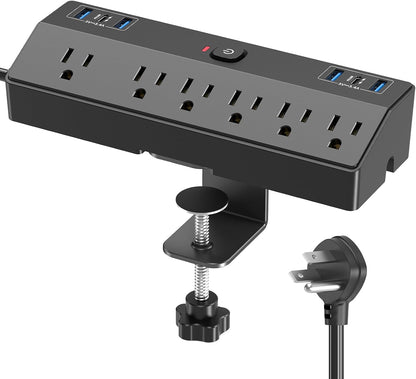 Desk Clamp Power Strip 10FT, 40W Total Fast Charging Station, Black
