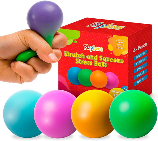 Playbees Pull, Stretch & Squeeze Stress Balls – 4 Balls – Elastic Sensory Balls for Stress & Anxiety Relief – Calming Fidgets for Kids & Adults – Assorted Color Balls for Autism, ADHD & Classroom Use