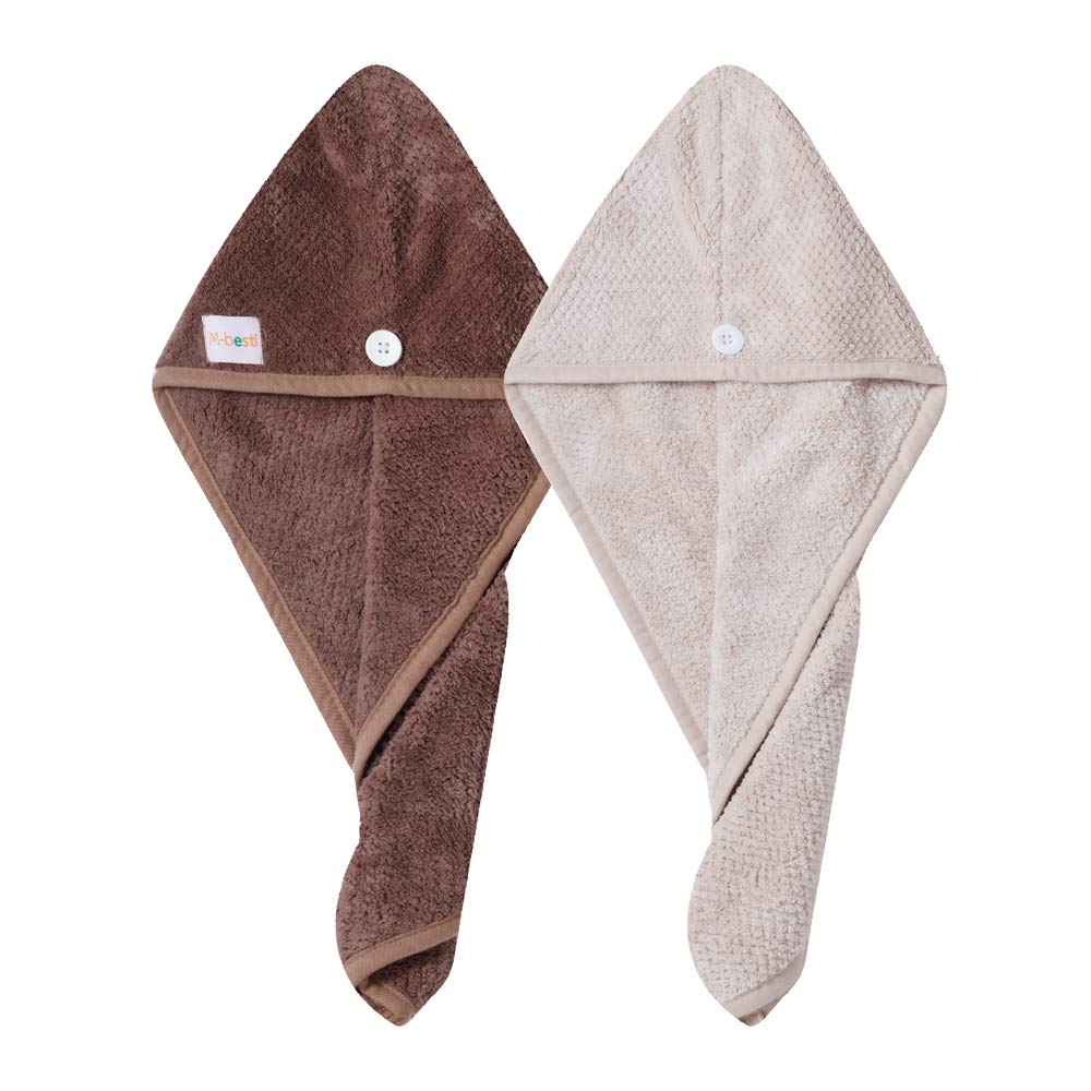 M-bestl 2 Pack Microfiber Hair Towel Wrap,Hair Drying Towel with Button,Quick Dry Hair Towel Turban for Women,Absorbent Anti-frizz Head Towel for Long Thick Curly Hair(Pink&Beige)