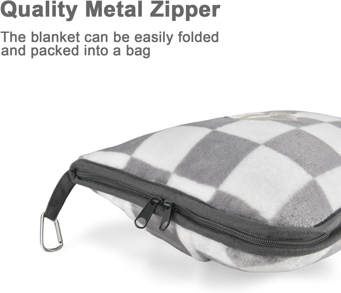 Travel Blanket and Pillow Compact, Premium Soft 2 in 1 Airplane Blanket with Soft Bag Pillowcase，Hand Luggage Sleeve and Backpack Clip (Checkered Black)