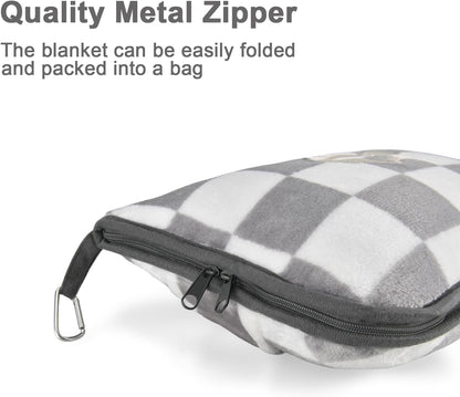Travel Blanket and Pillow Compact, Premium Soft 2 in 1 Airplane Blanket with Soft Bag Pillowcase，Hand Luggage Sleeve and Backpack Clip (Checkered Black)