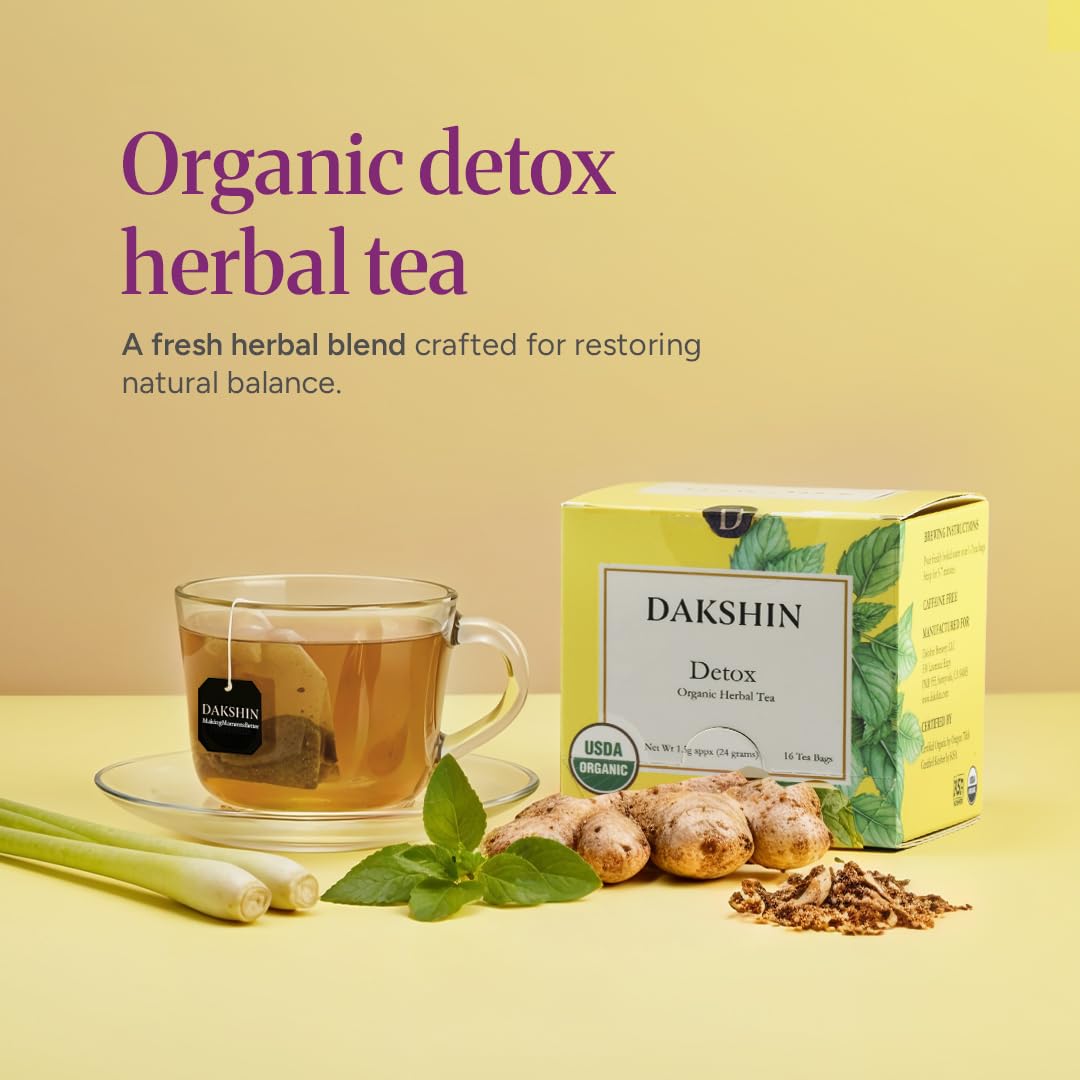 DAKSHIN Organic Detox Tea Bags | Lemongrass, Tulsi, Echinacea, Dandelion & Ginger | Naturally Cleansing Daily Wellness Tea | Caffeine-Free | USDA Organic | 16 Tea Bags