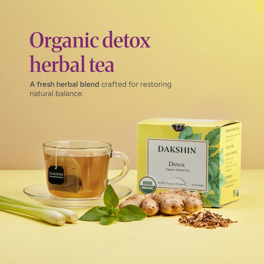 DAKSHIN Organic Detox Tea Bags | Lemongrass, Tulsi, Echinacea, Dandelion & Ginger | Naturally Cleansing Daily Wellness Tea | Caffeine-Free | USDA Organic | 16 Tea Bags