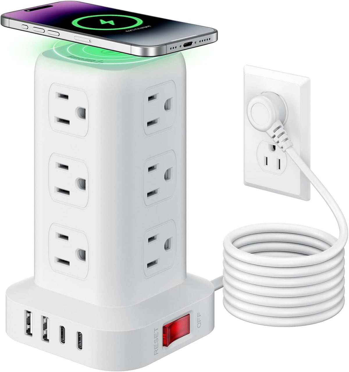 Extension Cord with Multiple Outlets, SMALLRT Power Strip Tower, Outlet Extender with 12 AC Outlets 4 USB, 6.5FT Extension Cord for Home Dorm Room, Office Supplies,Overload Protection